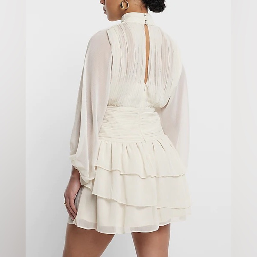 NWT ✨HOST PICK ✨ Express Mock Neck Long Sleeve Pleated Tiered Ruffle Mini Dress - Picture 3 of 5